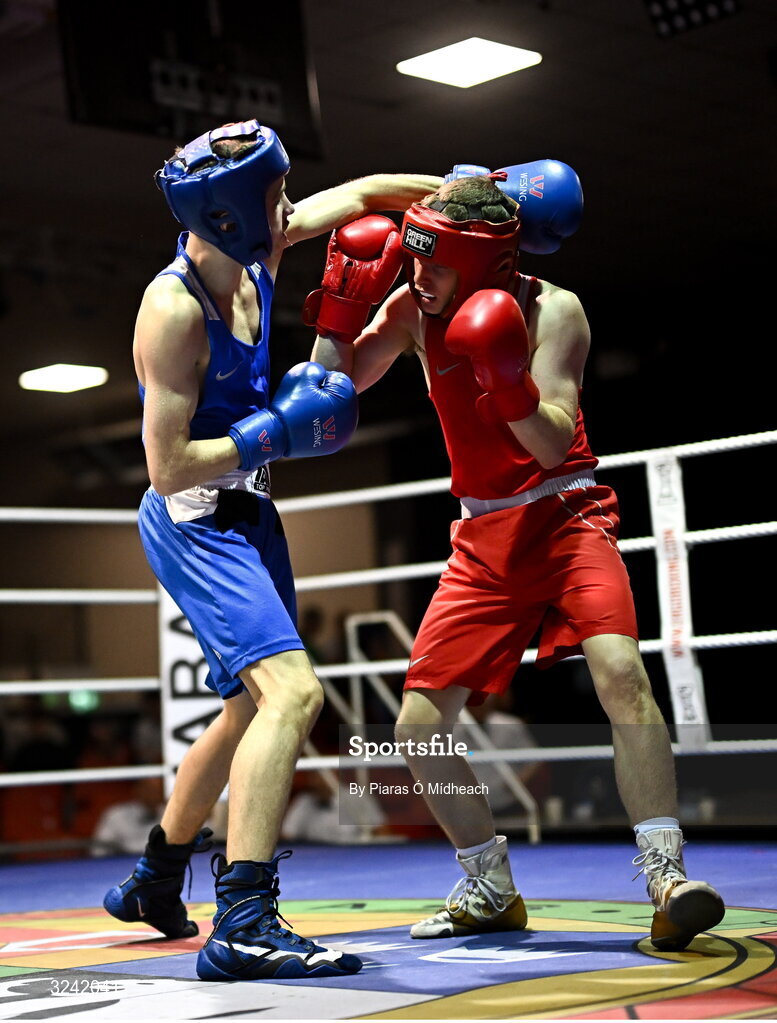 19 September 2025; Conan McSorley of Two Castles ABC Tyrone, right, in action against Michael McDonagh of Avona BC Dublin during their 54kg bout at the 2025 IABA National U17 Championship Finals at the National Boxing Stadium in Dublin. Photo by Piaras Ó Mídheach/Sportsfile