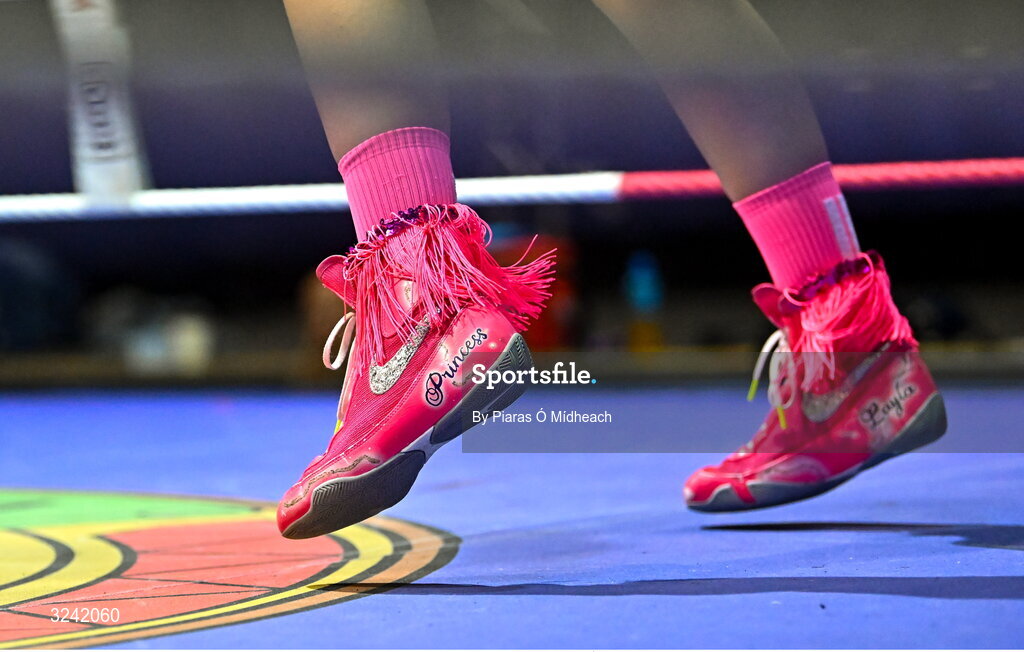 19 September 2025; The shoes of Layla Kelly of Baldoyle BC Dublin during her 57kg bout against  Ella Archbold of Ballybrack BC Dublin at the 2025 IABA National U17 Championship Finals at the National Boxing Stadium in Dublin. Photo by Piaras Ó Mídheach/Sportsfile