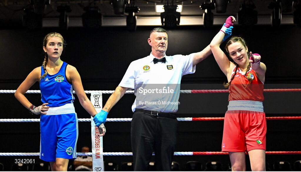 19 September 2025; Ella Archbold of Ballybrack BC Dublin, right, celebrates after defeating Layla Kelly of Baldoyle BC Dublin during their 57kg bout at the 2025 IABA National U17 Championship Finals at the National Boxing Stadium in Dublin. Photo by Piaras Ó Mídheach/Sportsfile