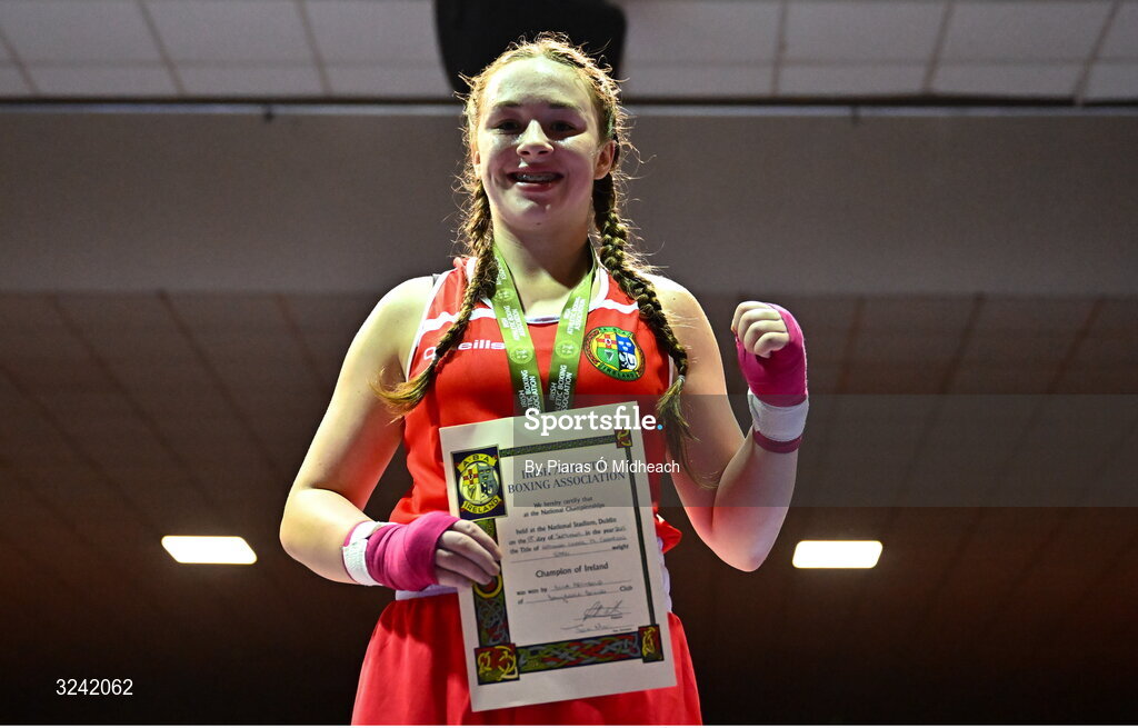 19 September 2025; Ella Archbold of Ballybrack BC Dublin celebrates after defeating Layla Kelly of Baldoyle BC Dublin during their 57kg bout at the 2025 IABA National U17 Championship Finals at the National Boxing Stadium in Dublin. Photo by Piaras Ó Mídheach/Sportsfile