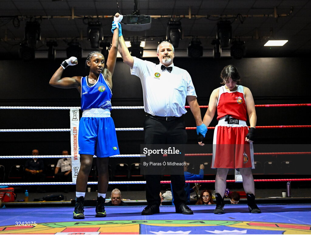 19 September 2025; Ruth Dossen Olympic BC Galway celebrates after defeating Madina Bagirova of Smithfield BC Dublin during their 60kg bout at the 2025 IABA National U17 Championship Finals at the National Boxing Stadium in Dublin. Photo by Piaras Ó Mídheach/Sportsfile