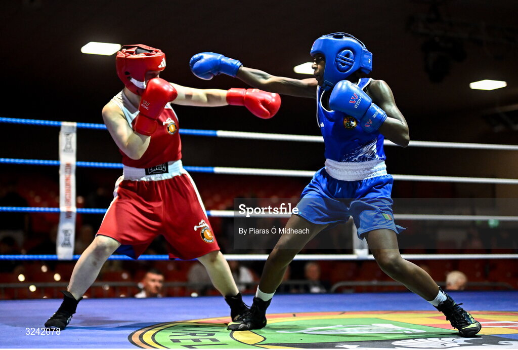 19 September 2025; Ruth Dossen Olympic BC Galway, right, in action against Madina Bagirova of Smithfield BC Dublin during their 60kg bout at the 2025 IABA National U17 Championship Finals at the National Boxing Stadium in Dublin. Photo by Piaras Ó Mídheach/Sportsfile