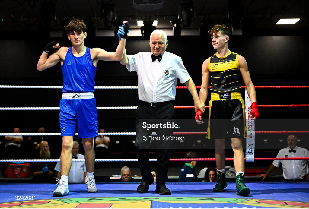 19 September 2025; Jason Donoghue of Olympic BC Mullingar Westmeath, left, celebrates after defeating CJ Gillen of Phoenix ABC Antrim during their 60kg bout at the 2025 IABA National U17 Championship Finals at the National Boxing Stadium in Dublin. Photo by Piaras Ó Mídheach/Sportsfile