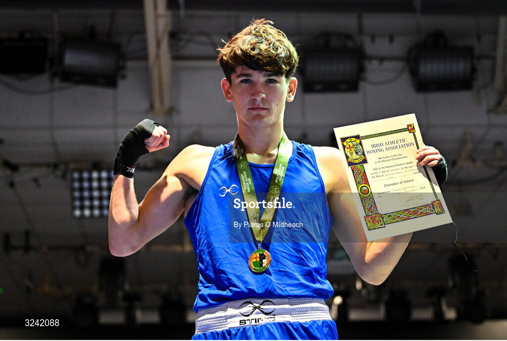 19 September 2025; Jason Donoghue of Olympic BC Mullingar Westmeath celebrates after defeating CJ Gillen of Phoenix ABC Antrim during their 60kg bout at the 2025 IABA National U17 Championship Finals at the National Boxing Stadium in Dublin. Photo by Piaras Ó Mídheach/Sportsfile