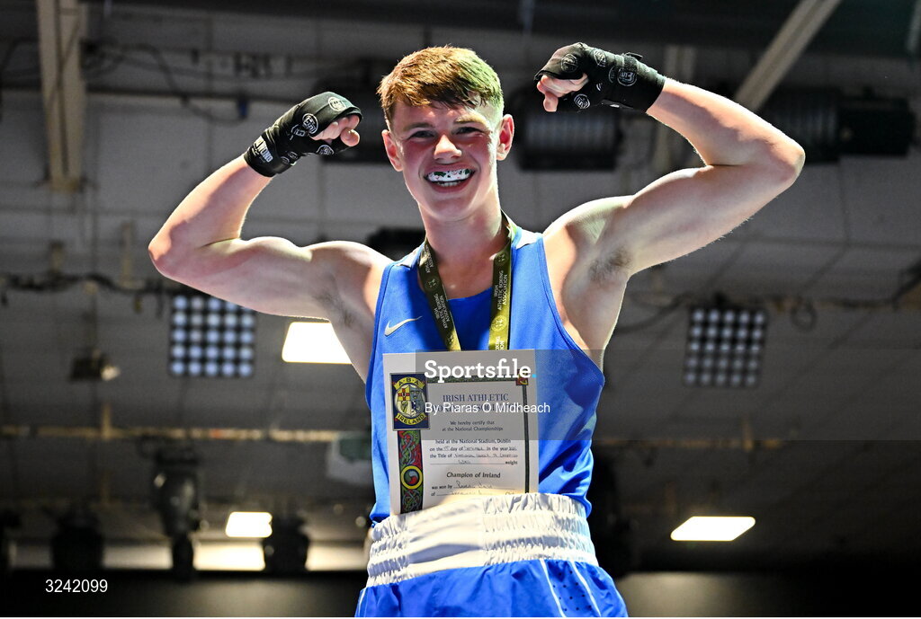 19 September 2025; Padraig Walsh of Immaculata ABC Belfast celebrates after defeating Cathal Conlon of Ballyhaunis BC Mayo during their 63kg bout at the 2025 IABA National U17 Championship Finals at the National Boxing Stadium in Dublin. Photo by Piaras Ó Mídheach/Sportsfile