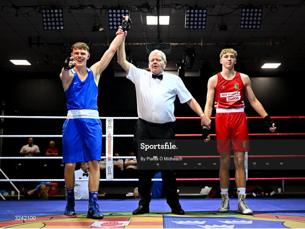 19 September 2025; Padraig Walsh of Immaculata ABC Belfast, left, celebrates after defeating Cathal Conlon of Ballyhaunis BC Mayo during their 63kg bout at the 2025 IABA National U17 Championship Finals at the National Boxing Stadium in Dublin. Photo by Piaras Ó Mídheach/Sportsfile