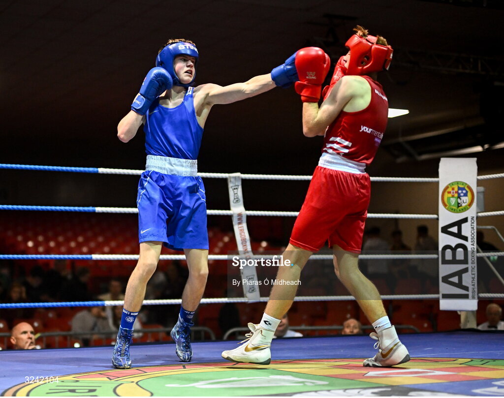 19 September 2025; Padraig Walsh of Immaculata ABC Belfast, left, in action against Cathal Conlon of Ballyhaunis BC Mayo during their 63kg bout at the 2025 IABA National U17 Championship Finals at the National Boxing Stadium in Dublin. Photo by Piaras Ó Mídheach/Sportsfile