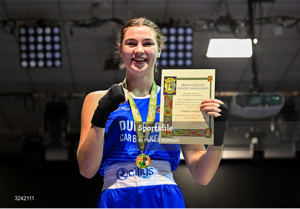 19 September 2025; Aleisha Mullis Boyle of Dungloe ABC Donegal celebrates after defeating Grace Bailey of Castlebar BC Mayo during their 66kg bout at the 2025 IABA National U17 Championship Finals at the National Boxing Stadium in Dublin. Photo by Piaras Ó Mídheach/Sportsfile