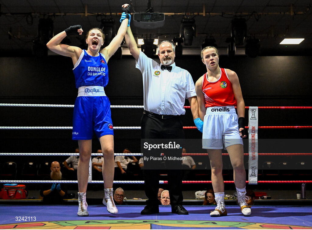 19 September 2025; Aleisha Mullis Boyle of Dungloe ABC Donegal, left, celebrates after defeating Grace Bailey of Castlebar BC Mayo during their 66kg bout at the 2025 IABA National U17 Championship Finals at the National Boxing Stadium in Dublin. Photo by Piaras Ó Mídheach/Sportsfile