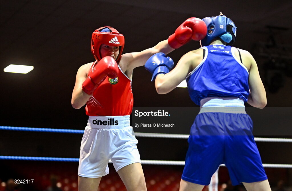 19 September 2025; Grace Bailey of Castlebar BC Mayo, left, in action against Aleisha Mullis Boyle of Dungloe ABC Donegal during their 66kg bout at the 2025 IABA National U17 Championship Finals at the National Boxing Stadium in Dublin. Photo by Piaras Ó Mídheach/Sportsfile