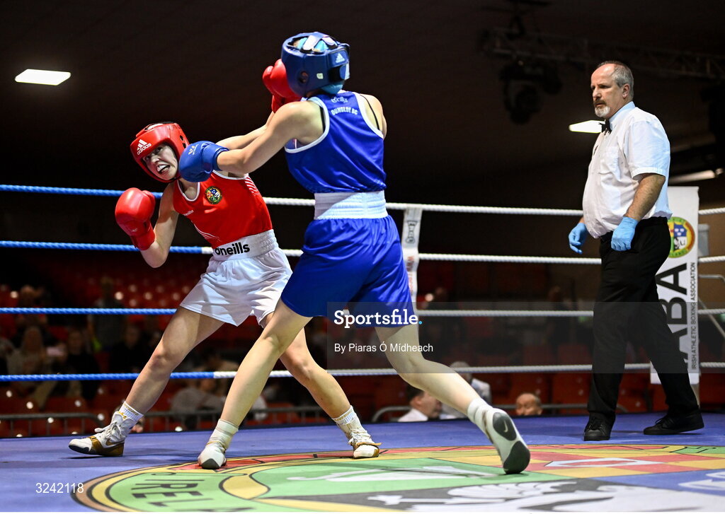 19 September 2025; Grace Bailey of Castlebar BC Mayo, left, in action against Aleisha Mullis Boyle of Dungloe ABC Donegal during their 66kg bout at the 2025 IABA National U17 Championship Finals at the National Boxing Stadium in Dublin. Photo by Piaras Ó Mídheach/Sportsfile