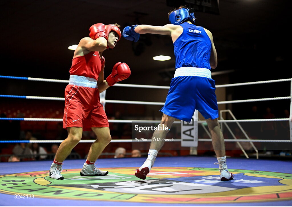 19 September 2025; Kai Dynes of Immaculata ABC Belfast, left, in action against Darren O’Toole of Jobstown BC Dublin during their 66kg bout at the 2025 IABA National U17 Championship Finals at the National Boxing Stadium in Dublin. Photo by Piaras Ó Mídheach/Sportsfile