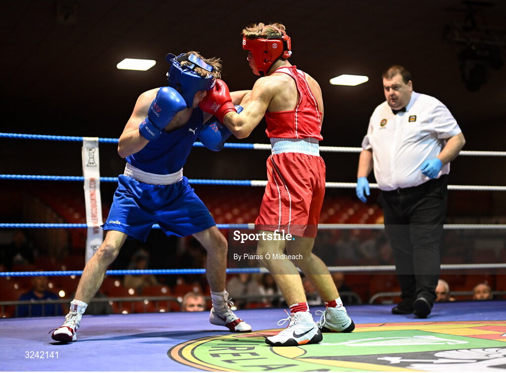 19 September 2025; Kai Dynes of Immaculata ABC Belfast, right, in action against Darren O’Toole of Jobstown BC Dublin during their 66kg bout at the 2025 IABA National U17 Championship Finals at the National Boxing Stadium in Dublin. Photo by Piaras Ó Mídheach/Sportsfile