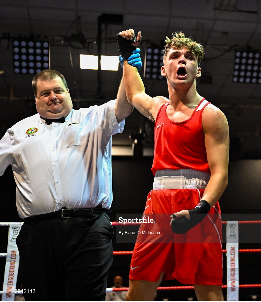 19 September 2025; Kai Dynes of Immaculata ABC Belfast celebrates after defeating Darren O’Toole of Jobstown BC Dublin during their 66kg bout at the 2025 IABA National U17 Championship Finals at the National Boxing Stadium in Dublin. Photo by Piaras Ó Mídheach/Sportsfile