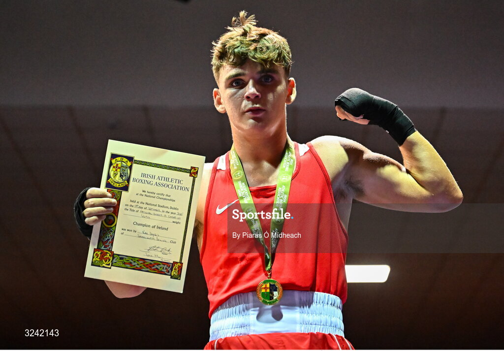 19 September 2025; Kai Dynes of Immaculata ABC Belfast celebrates after defeating Darren O’Toole of Jobstown BC Dublin during their 66kg bout at the 2025 IABA National U17 Championship Finals at the National Boxing Stadium in Dublin. Photo by Piaras Ó Mídheach/Sportsfile