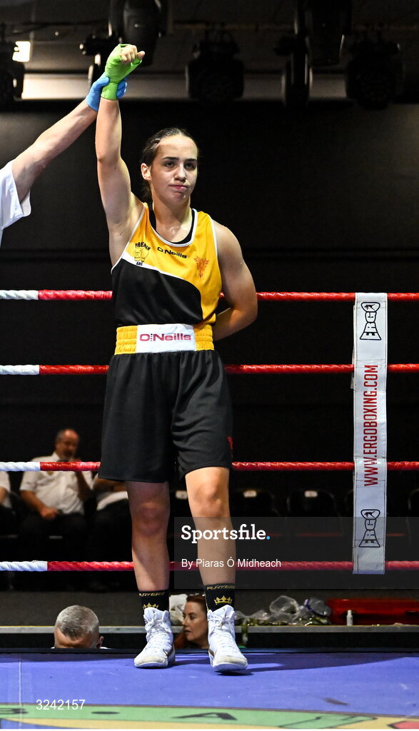 19 September 2025; Cassie Henderson of Phoenix ABC Antrim celebrates after defeating Gianna Duffy of UNIT 3 BC Naas Kildare during their 70kg bout at the 2025 IABA National U17 Championship Finals at the National Boxing Stadium in Dublin. Photo by Piaras Ó Mídheach/Sportsfile