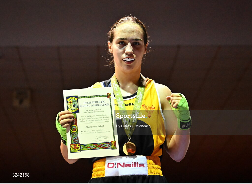 19 September 2025; Cassie Henderson of Phoenix ABC Antrim celebrates after defeating Gianna Duffy of UNIT 3 BC Naas Kildare during their 70kg bout at the 2025 IABA National U17 Championship Finals at the National Boxing Stadium in Dublin. Photo by Piaras Ó Mídheach/Sportsfile
