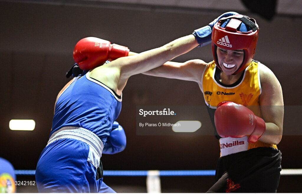 19 September 2025; Hughie Lee Nevin of Sacred Heart BC Dublin, right, in action against Conor Dowds of Immaculata ABC Belfast during their 70kg bout at the 2025 IABA National U17 Championship Finals at the National Boxing Stadium in Dublin. Photo by Piaras Ó Mídheach/Sportsfile