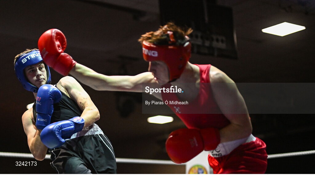 19 September 2025; Hughie Lee Nevin of Sacred Heart BC Dublin, left, in action against Conor Dowds of Immaculata ABC Belfast during their 70kg bout at the 2025 IABA National U17 Championship Finals at the National Boxing Stadium in Dublin. Photo by Piaras Ó Mídheach/Sportsfile