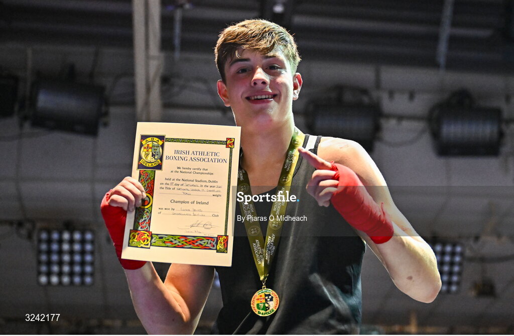 19 September 2025; Conor Dowds of Immaculata ABC Belfast, left, celebrates after defeating Hughie Lee Nevin of Sacred Heart BC Dublin during their 70kg bout at the 2025 IABA National U17 Championship Finals at the National Boxing Stadium in Dublin. Photo by Piaras Ó Mídheach/Sportsfile