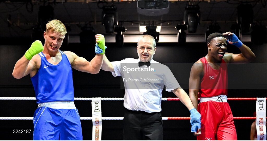 19 September 2025; John Ward of Monivea BC Galway, left, celebrates after defeating Kevin Pukuta of Portlaoise BC Laois during their 75kg bout at the 2025 IABA National U17 Championship Finals at the National Boxing Stadium in Dublin. Photo by Piaras Ó Mídheach/Sportsfile