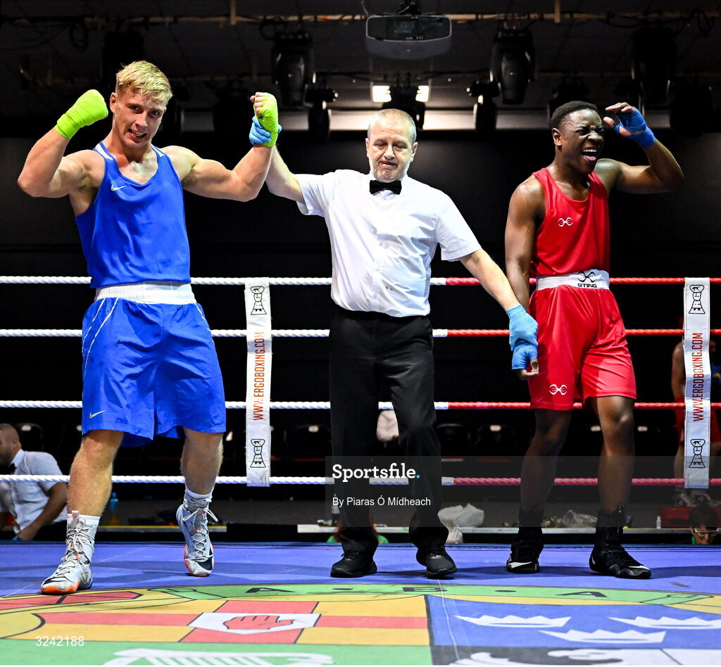 19 September 2025; John Ward of Monivea BC Galway, left, celebrates after defeating Kevin Pukuta of Portlaoise BC Laois during their 75kg bout at the 2025 IABA National U17 Championship Finals at the National Boxing Stadium in Dublin. Photo by Piaras Ó Mídheach/Sportsfile