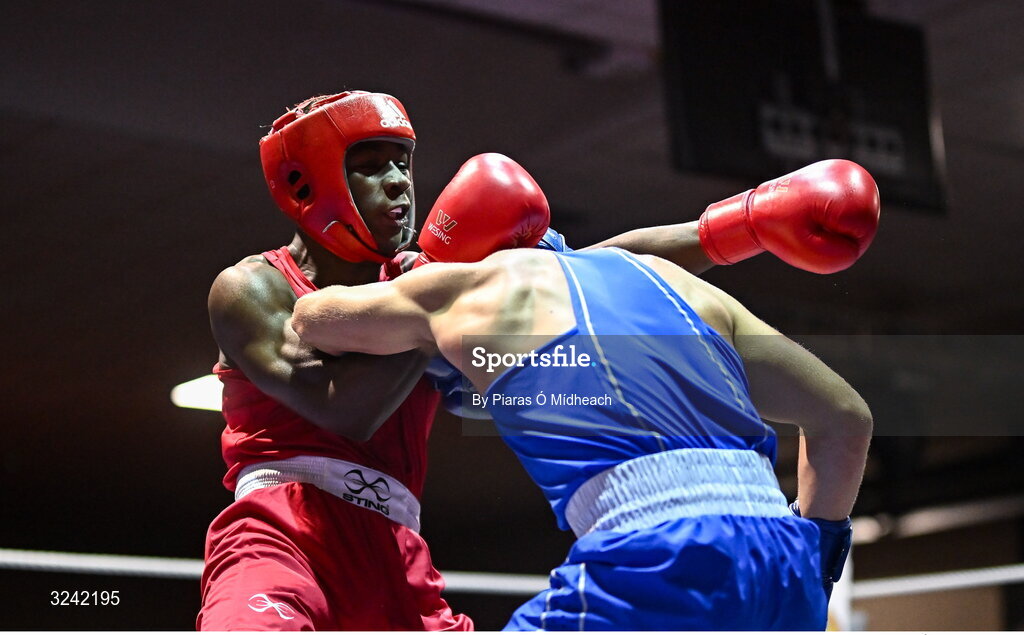 19 September 2025; Kevin Pukuta of Portlaoise BC Laois, left, in action against John Ward of Monivea BC Galway during their 75kg bout at the 2025 IABA National U17 Championship Finals at the National Boxing Stadium in Dublin. Photo by Piaras Ó Mídheach/Sportsfile