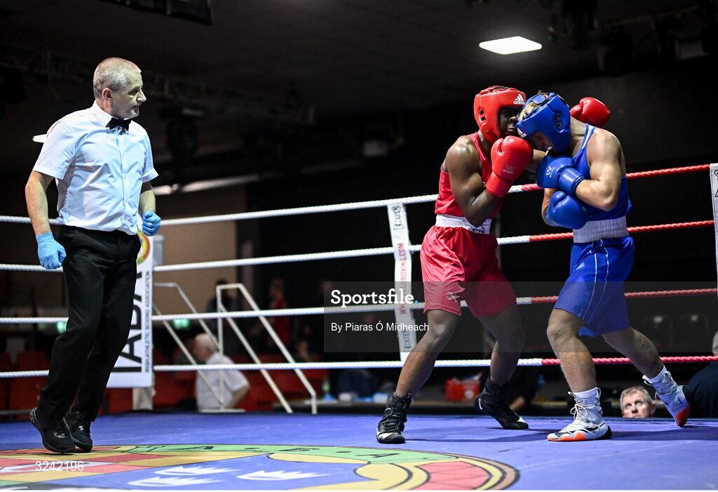 19 September 2025; Kevin Pukuta of Portlaoise BC Laois, left, in action against John Ward of Monivea BC Galway during their 75kg bout at the 2025 IABA National U17 Championship Finals at the National Boxing Stadium in Dublin. Photo by Piaras Ó Mídheach/Sportsfile