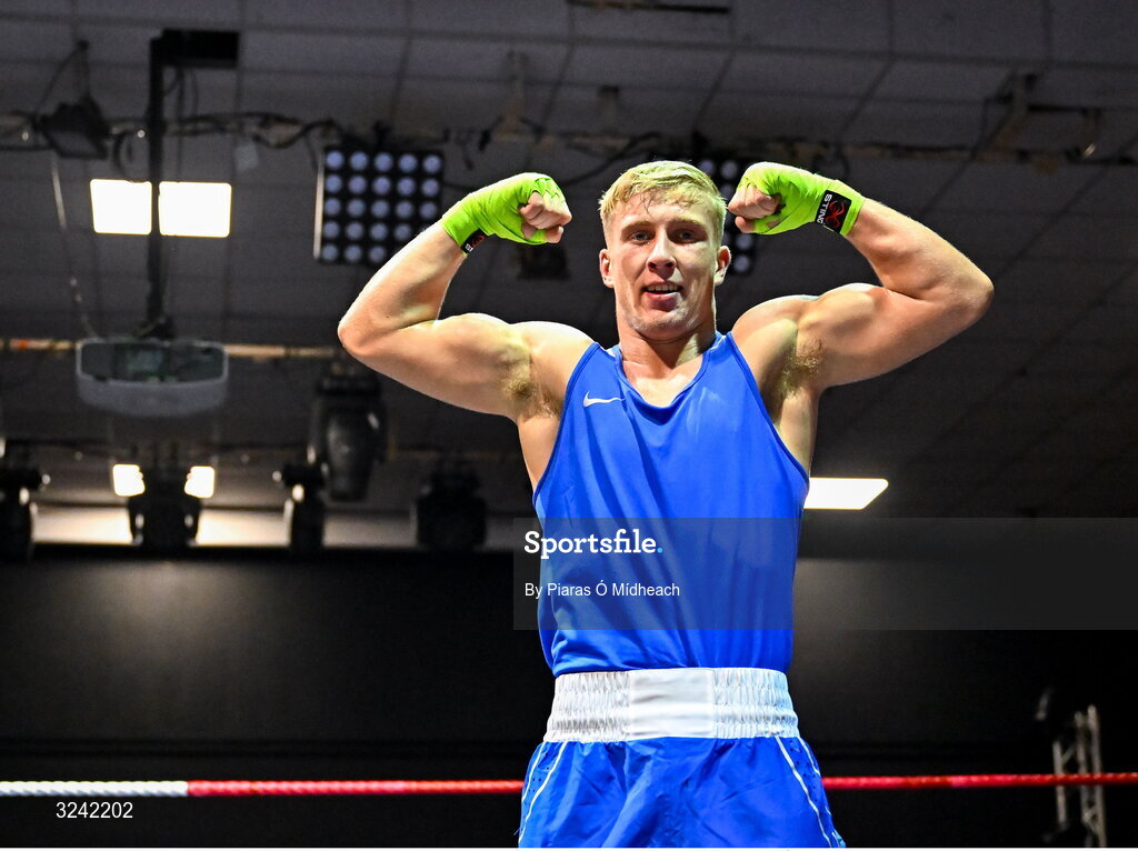 19 September 2025; John Ward of Monivea BC Galway celebrates after defeating Kevin Pukuta of Portlaoise BC Laois during their 75kg bout at the 2025 IABA National U17 Championship Finals at the National Boxing Stadium in Dublin. Photo by Piaras Ó Mídheach/Sportsfile