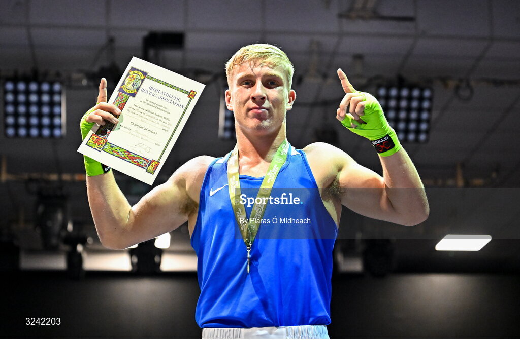 19 September 2025; John Ward of Monivea BC Galway celebrates after defeating Kevin Pukuta of Portlaoise BC Laois during their 75kg bout at the 2025 IABA National U17 Championship Finals at the National Boxing Stadium in Dublin. Photo by Piaras Ó Mídheach/Sportsfile
