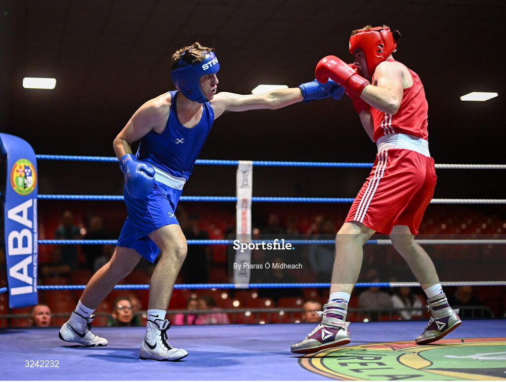 19 September 2025; Martin Collins of Baldoyle BC Dublin, left, in action against Sean Doohan of Dunfanaghy BC Donegal during their 80kg bout at the 2025 IABA National U17 Championship Finals at the National Boxing Stadium in Dublin. Photo by Piaras Ó Mídheach/Sportsfile