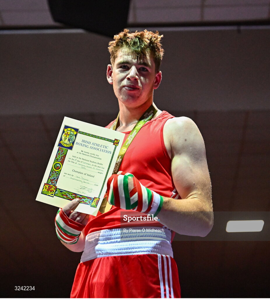19 September 2025; Sean Doohan of Dunfanaghy BC Donegal celebrates after defeating Martin Collins of Baldoyle BC Dublin during their 80kg bout at the 2025 IABA National U17 Championship Finals at the National Boxing Stadium in Dublin. Photo by Piaras Ó Mídheach/Sportsfile