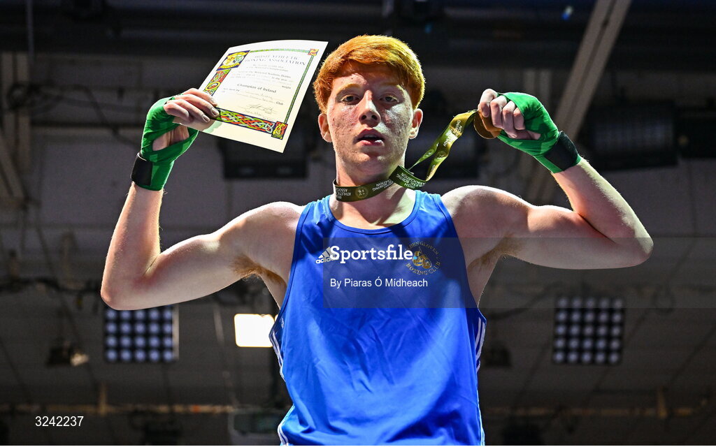 19 September 2025; William Heaphy of Golden Gloves BC Cork celebrates after defeating Michael J McDonagh of Tredagh Boxing Academy Louth during their 80kg+ bout at the 2025 IABA National U17 Championship Finals at the National Boxing Stadium in Dublin. Photo by Piaras Ó Mídheach/Sportsfile