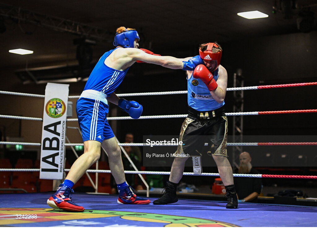 19 September 2025; William Heaphy of Golden Gloves BC Cork, left, in action against Michael J McDonagh of Tredagh Boxing Academy Louth during their 80kg+ bout at the 2025 IABA National U17 Championship Finals at the National Boxing Stadium in Dublin. Photo by Piaras Ó Mídheach/Sportsfile