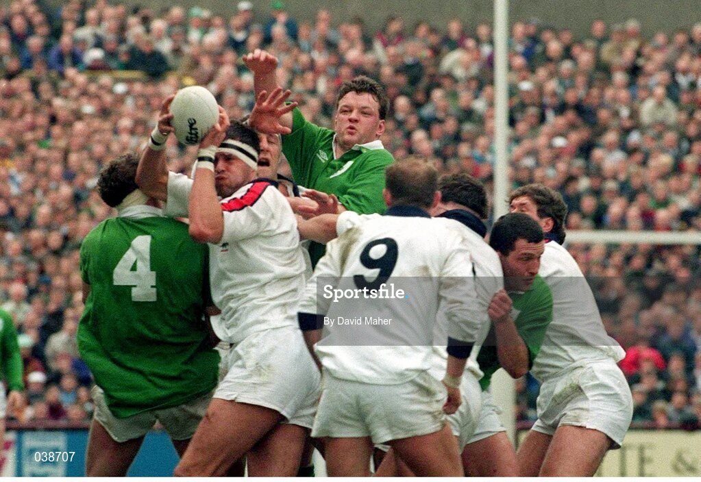 20 March 1993; Mick Galwey, Ireland, in action against Wade Dooley, England. Five Nations Rugby Championship, Ireland v England, Lansdowne Road, Dublin. Picture Credit: David Maher / SPORTSFILE