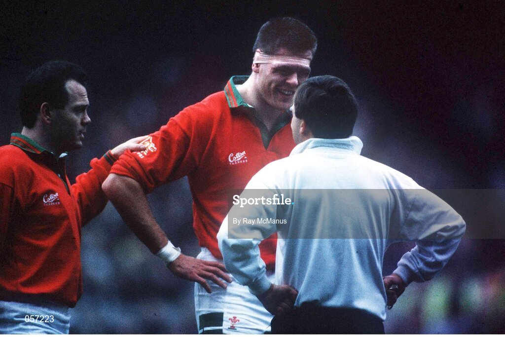 18 January 1992; Tony Copsey, Wales, is spoken to by referee Fred Howard in the company of Wales captain Ieuan Evans, left. Five Nations Rugby Championship, Ireland v Wales, Lansdowne Road, Dublin. Picture credit: Ray McManus / SPORTSFILE