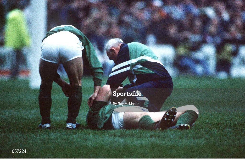 18 January 1992; Ireland's Neil Francis is attended to by the team doctor after an incident with Wales' Tony Copsey. Five Nations Rugby Championship, Ireland v Wales, Lansdowne Road, Dublin. Picture credit: Ray McManus / SPORTSFILE