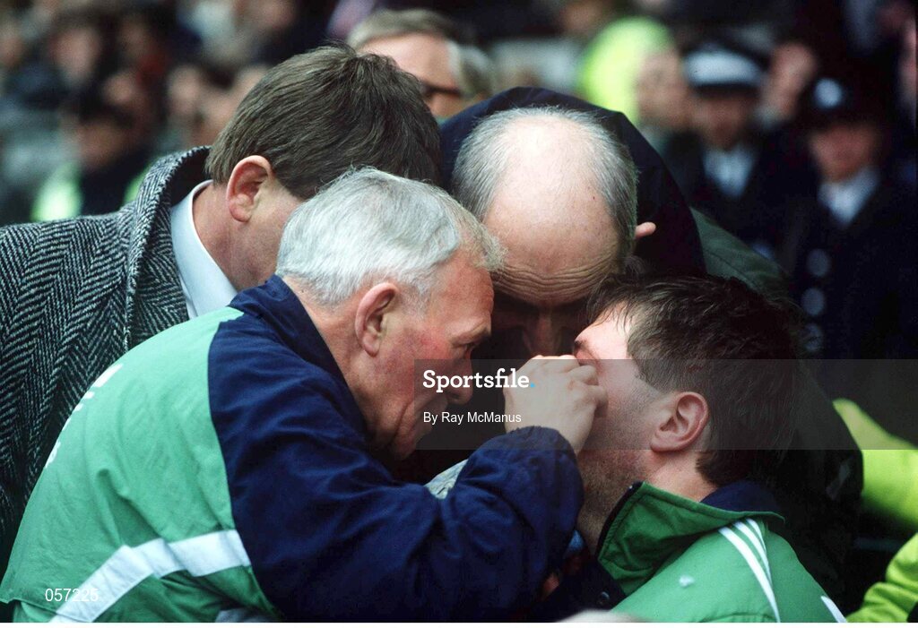 18 January 1992; Ireland's Neil Francis is attended to by the team doctor after an incident with Wales' Tony Copsey. Five Nations Rugby Championship, Ireland v Wales, Lansdowne Road, Dublin. Picture credit: Ray McManus / SPORTSFILE