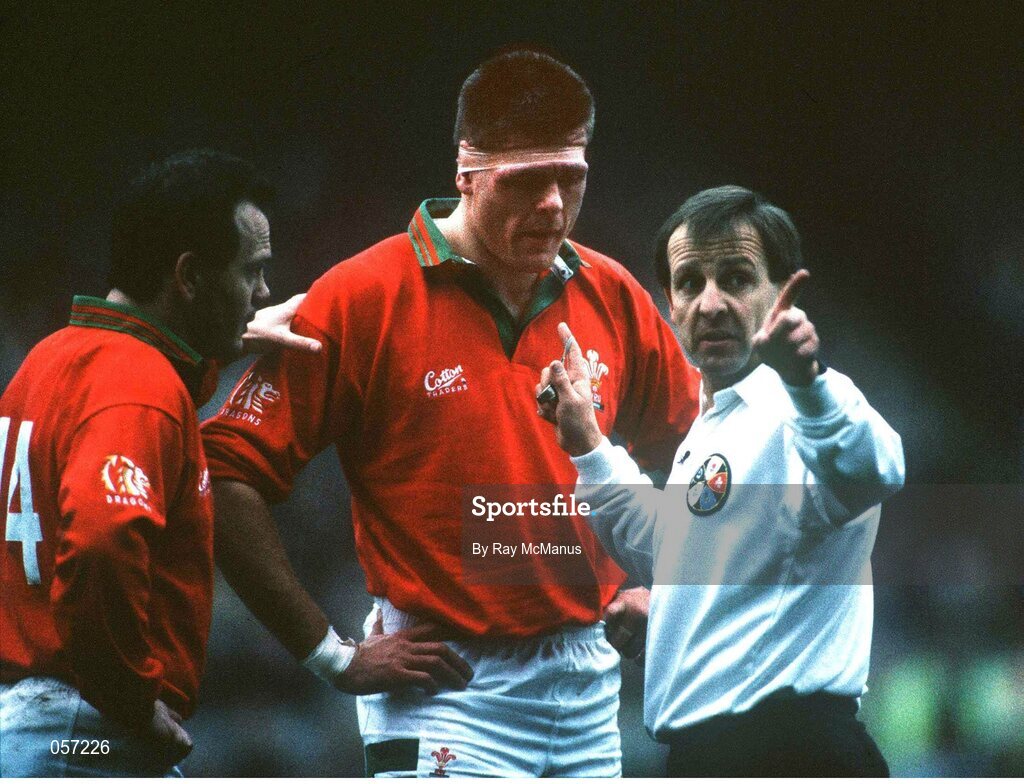18 January 1992; Wales' Tony Copsey is spoken to by Referee Fred Howard in the company of Wales captain Ieuan Evans, left, following an altercation with Ireland's Neil Francis. Five Nations Rugby Championship, Ireland v Wales, Lansdowne Road, Dublin. Picture credit: Ray McManus / SPORTSFILE