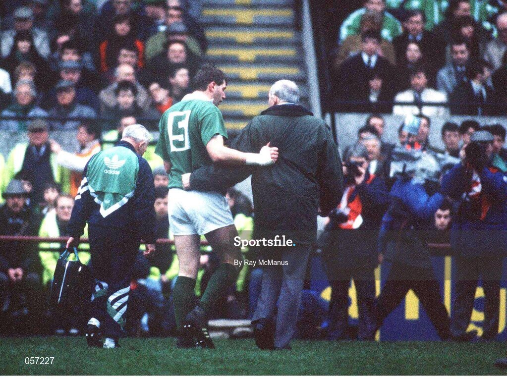 18 January 1992; Ireland's Neil Francis is led off the field after an incident with Wales' Tony Copsey. Five Nations Rugby Championship, Ireland v Wales, Lansdowne Road, Dublin. Picture credit: Ray McManus / SPORTSFILE