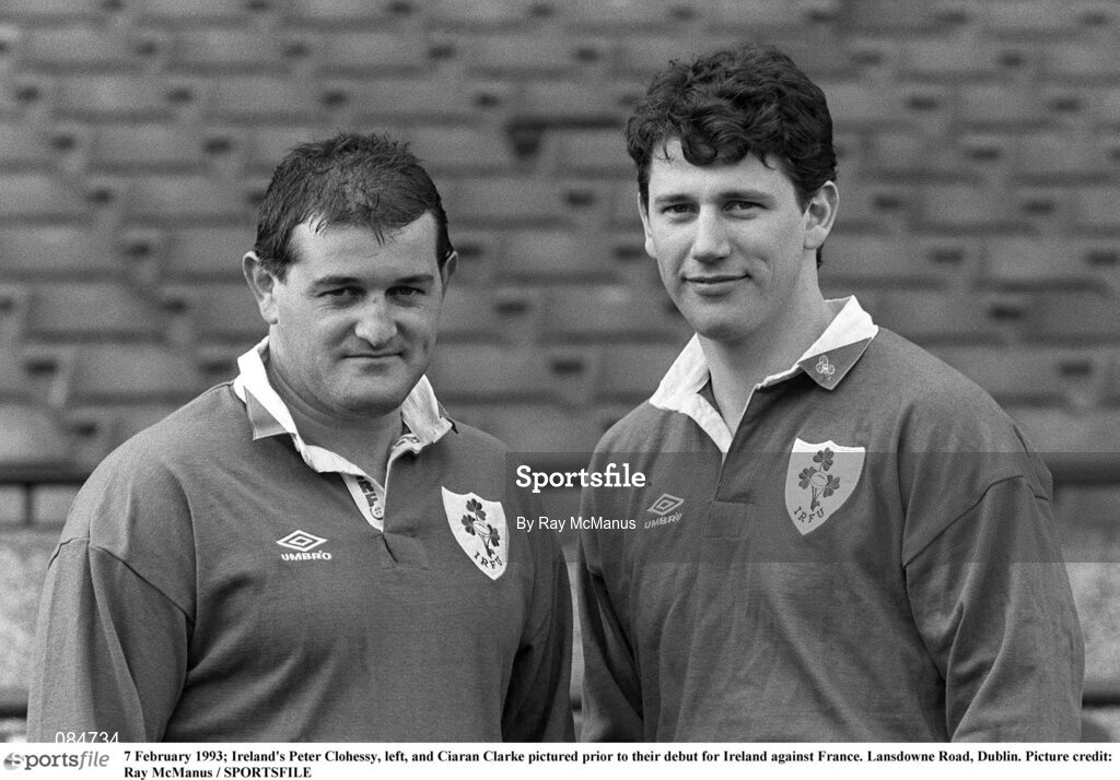 7 February 1993; Ireland's Peter Clohessy, left, and Ciaran Clarke pictured prior to their debut for Ireland against France. Lansdowne Road, Dublin. Picture credit: Ray McManus / SPORTSFILE