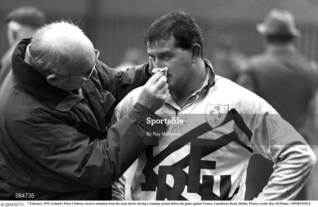 7 February 1993; Ireland's Peter Clohessy receives attention from the team doctor during a training session before the game against France. Lansdowne Road, Dublin. Picture credit: Ray McManus / SPORTSFILE