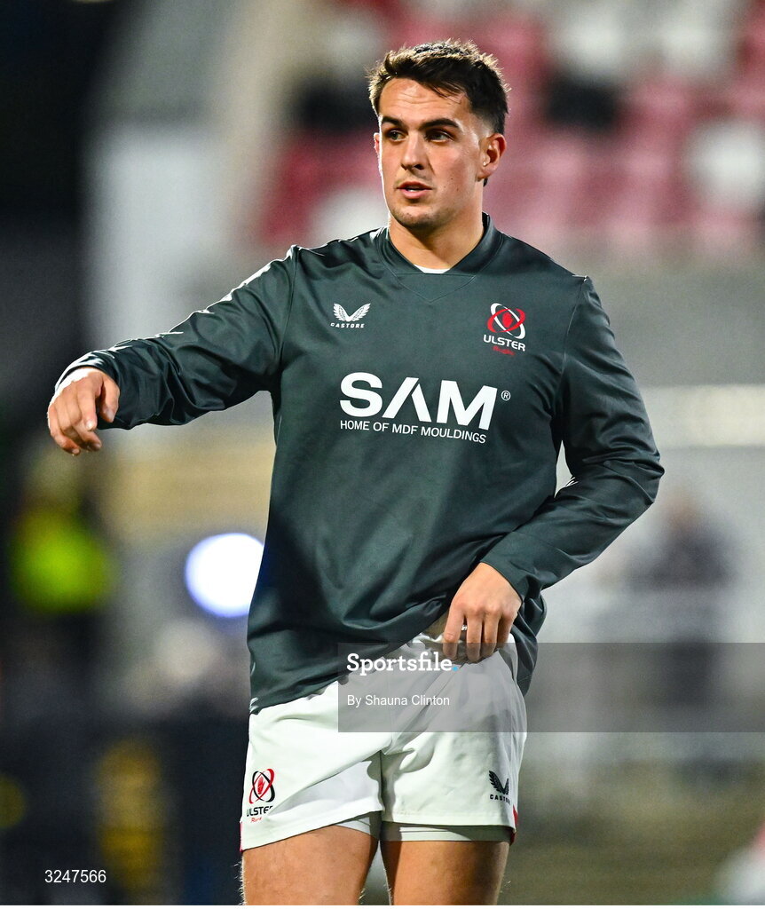 26 September 2025; James Hume of Ulster warms-up before the United Rugby Championship match between Ulster and Dragons at Affidea Stadium in Belfast. Photo by Shauna Clinton/Sportsfile