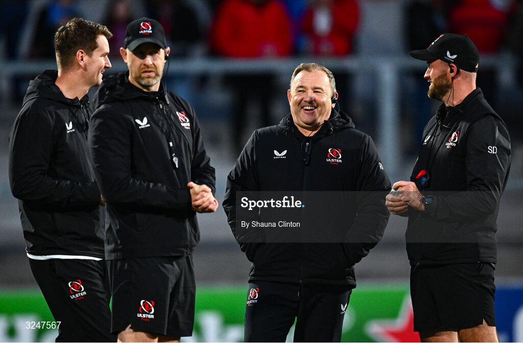 26 September 2025; Ulster head coach Richie Murphy, centre, and management staff before the United Rugby Championship match between Ulster and Dragons at Affidea Stadium in Belfast. Photo by Shauna Clinton/Sportsfile