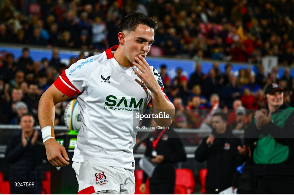26 September 2025; James Hume of Ulster runs out onto the pitch ahead of the United Rugby Championship match between Ulster and Dragons at Affidea Stadium in Belfast. Photo by Shauna Clinton/Sportsfile