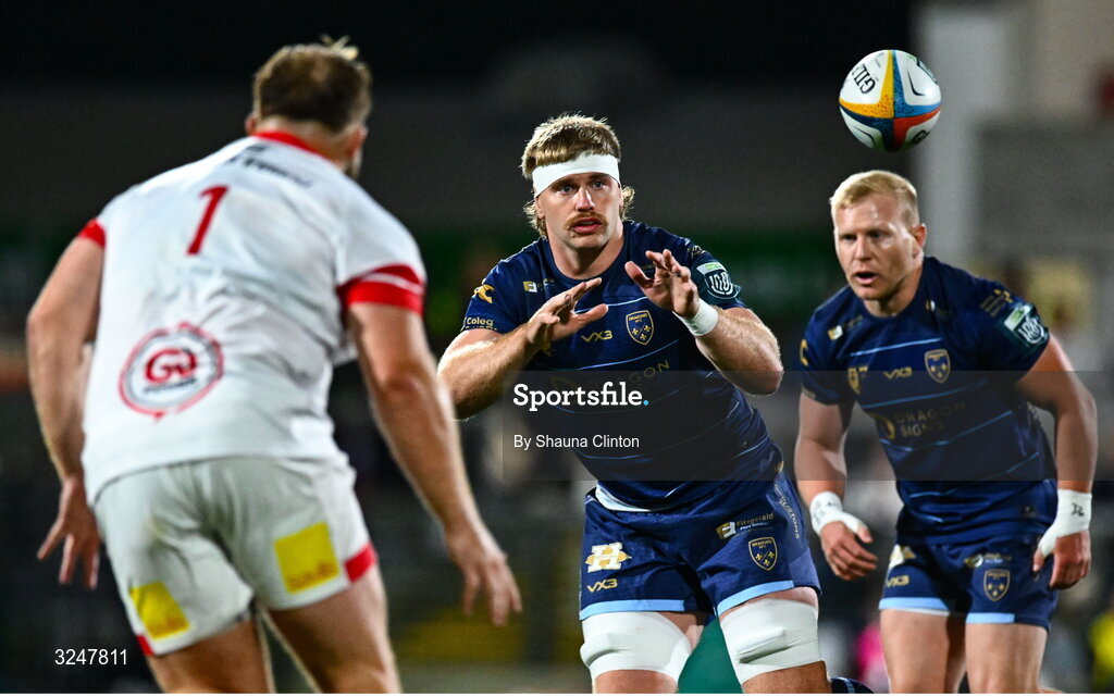 26 September 2025; Aaron Wainwright of Dragons during the United Rugby Championship match between Ulster and Dragons at Affidea Stadium in Belfast. Photo by Shauna Clinton/Sportsfile