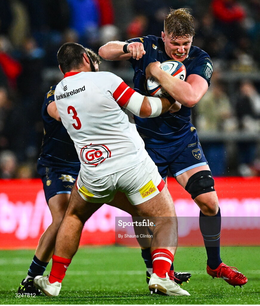 26 September 2025; Matthew Screech of Dragons in action against Tom O'Toole of Ulster during the United Rugby Championship match between Ulster and Dragons at Affidea Stadium in Belfast. Photo by Shauna Clinton/Sportsfile