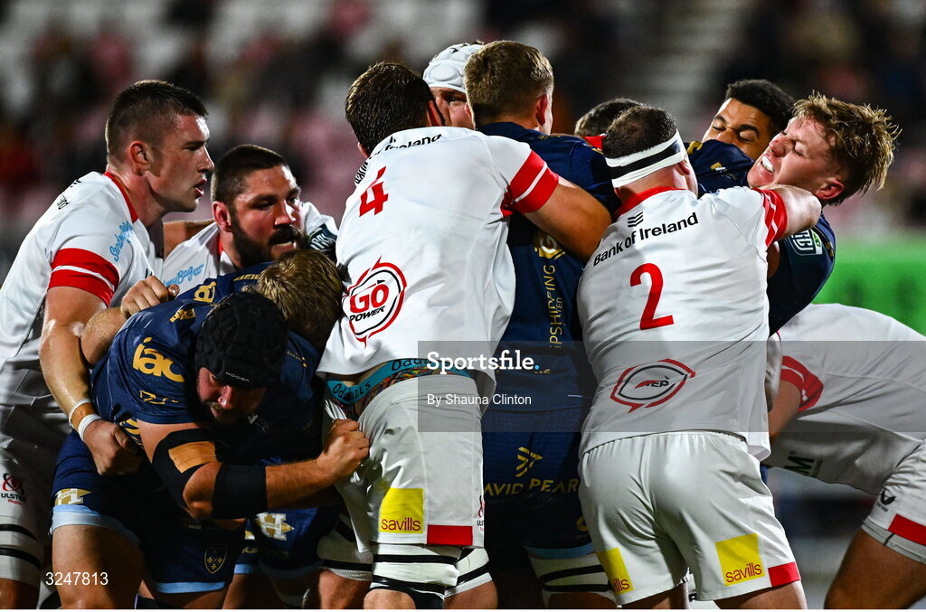 26 September 2025; Matthew Screech of Dragons, centre, engages in a scrum during the United Rugby Championship match between Ulster and Dragons at Affidea Stadium in Belfast. Photo by Shauna Clinton/Sportsfile