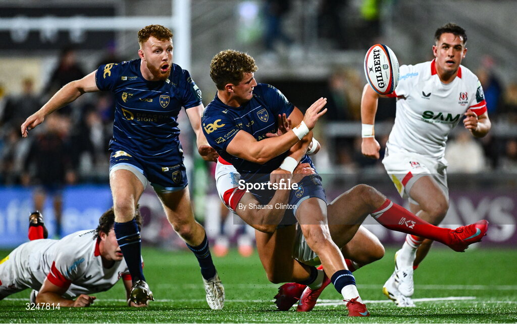 26 September 2025; Joe Westwood of Dragons is tackled by Stuart McCloskey of Ulster during the United Rugby Championship match between Ulster and Dragons at Affidea Stadium in Belfast. Photo by Shauna Clinton/Sportsfile