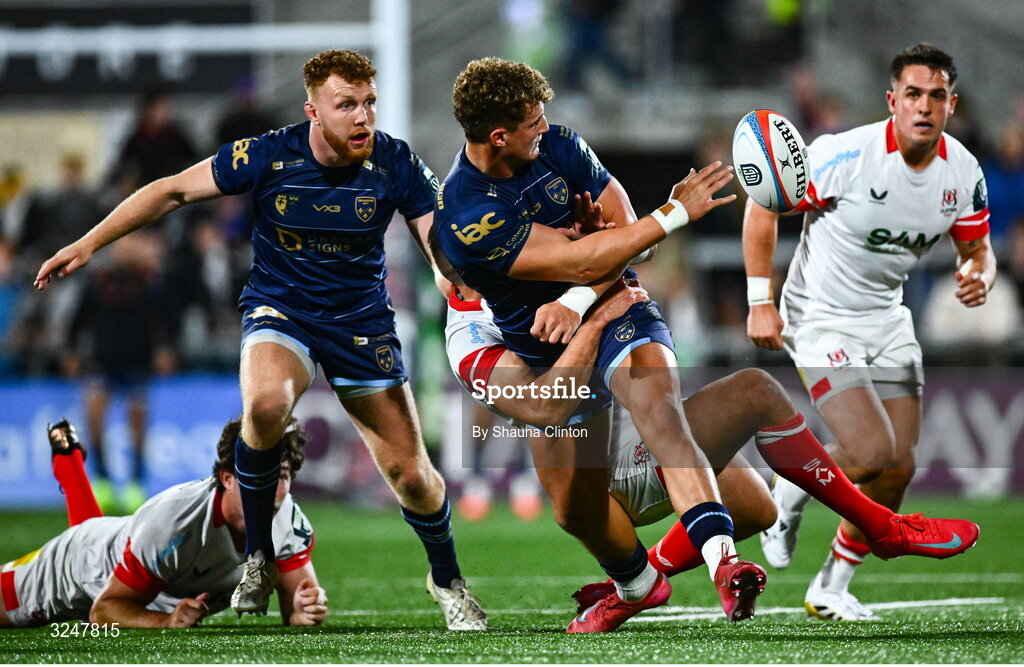 26 September 2025; Joe Westwood of Dragons is tackled by Stuart McCloskey of Ulster during the United Rugby Championship match between Ulster and Dragons at Affidea Stadium in Belfast. Photo by Shauna Clinton/Sportsfile